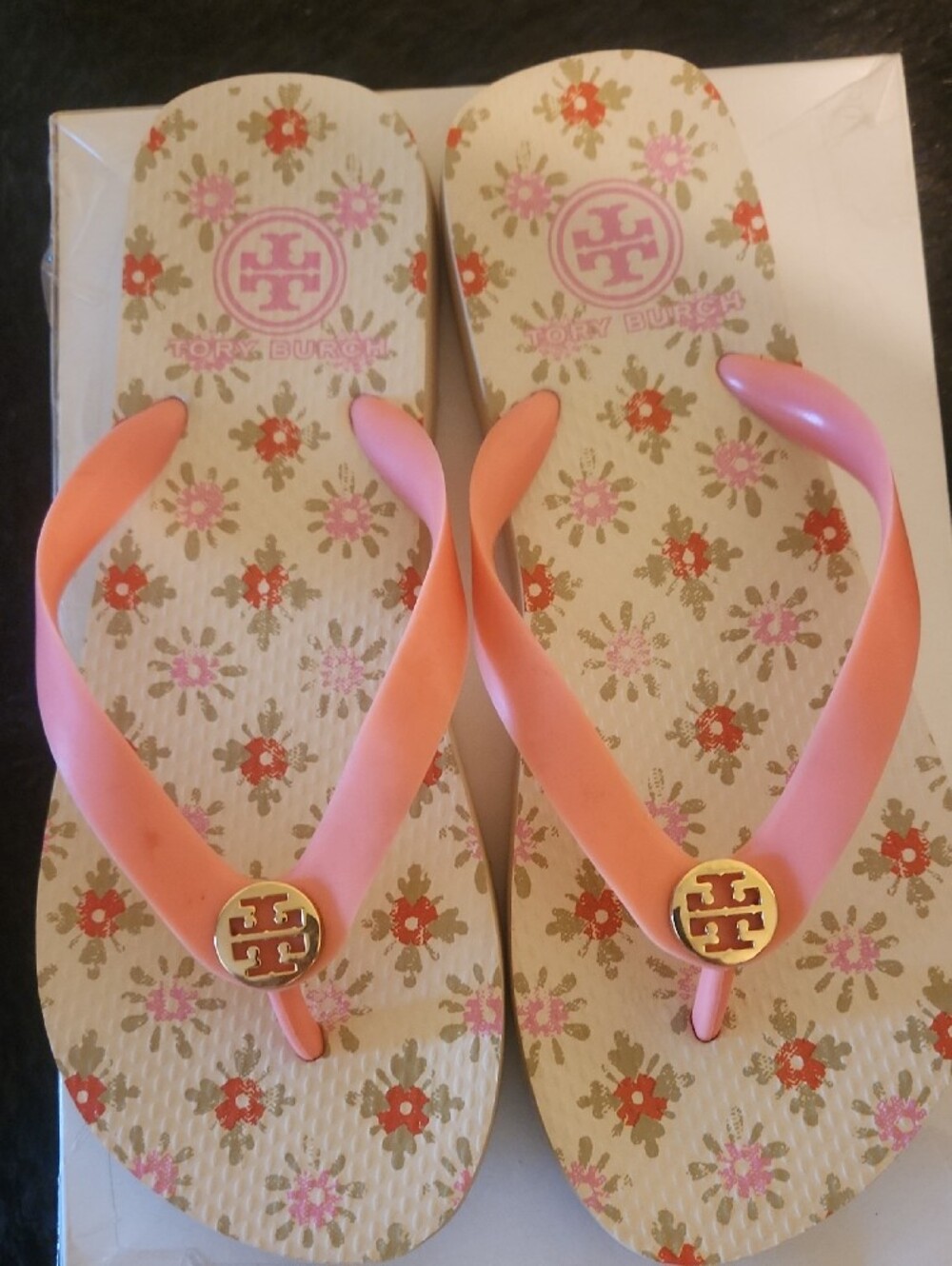 Tory Burch Pink Floral Logo Flip Flop Sandals - Picture 2 of 6